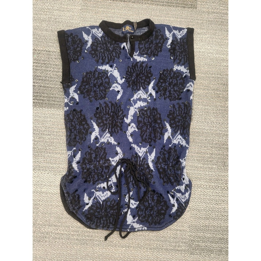 Vtg. LeRoy Knitwear Navy Blue Black Sequin Sleeveless Sweater Tie Waist Size Med